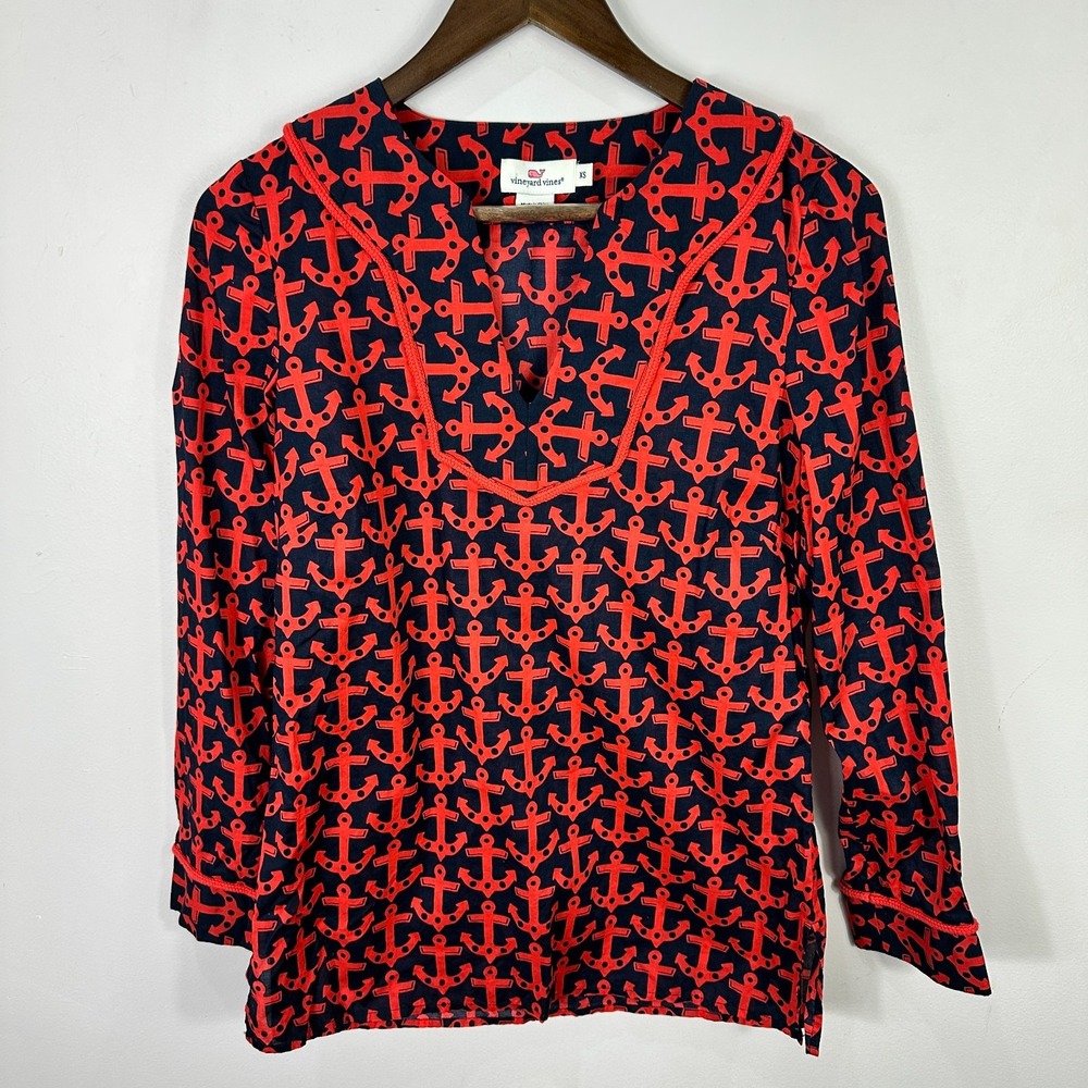 Vineyard Vines Anchor Print Tunic Top Womens XS Blue Cotton Nautical Preppy
